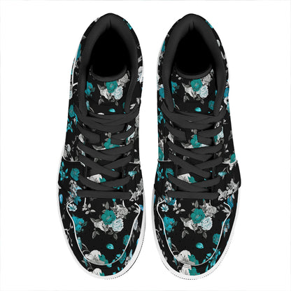 Blue Peony And Grey Rose Floral Print High Top Leather Sneakers