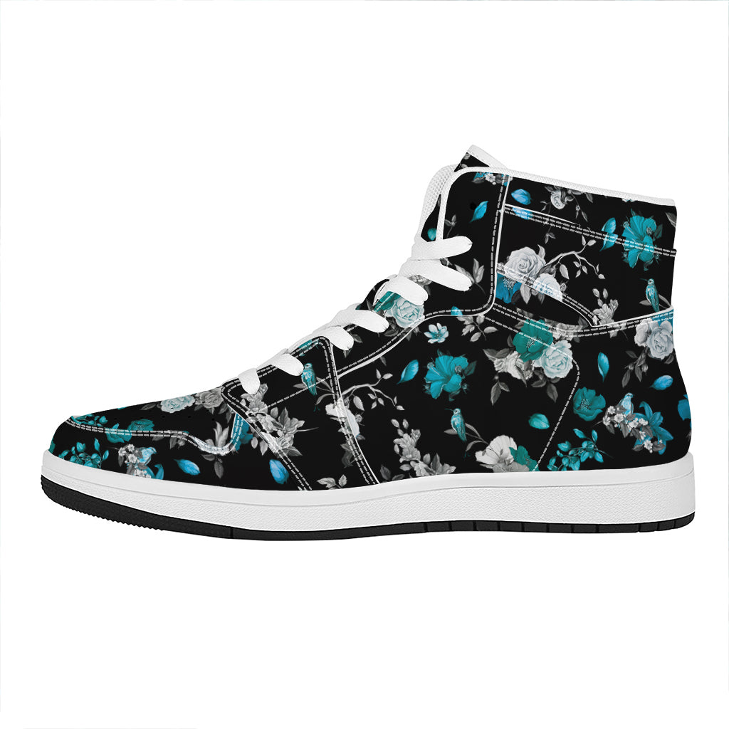 Blue Peony And Grey Rose Floral Print High Top Leather Sneakers
