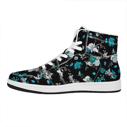 Blue Peony And Grey Rose Floral Print High Top Leather Sneakers