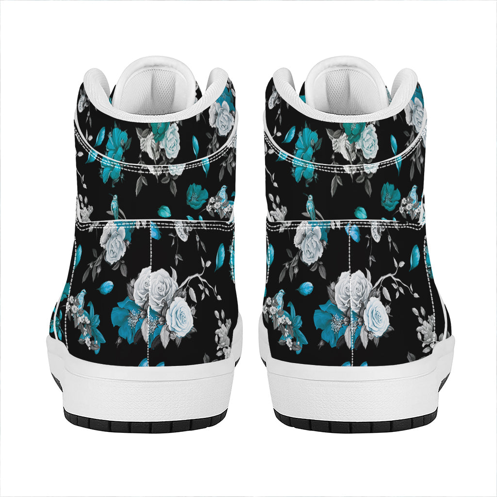 Blue Peony And Grey Rose Floral Print High Top Leather Sneakers