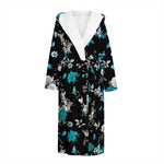 Blue Peony And Grey Rose Floral Print Hooded Bathrobe