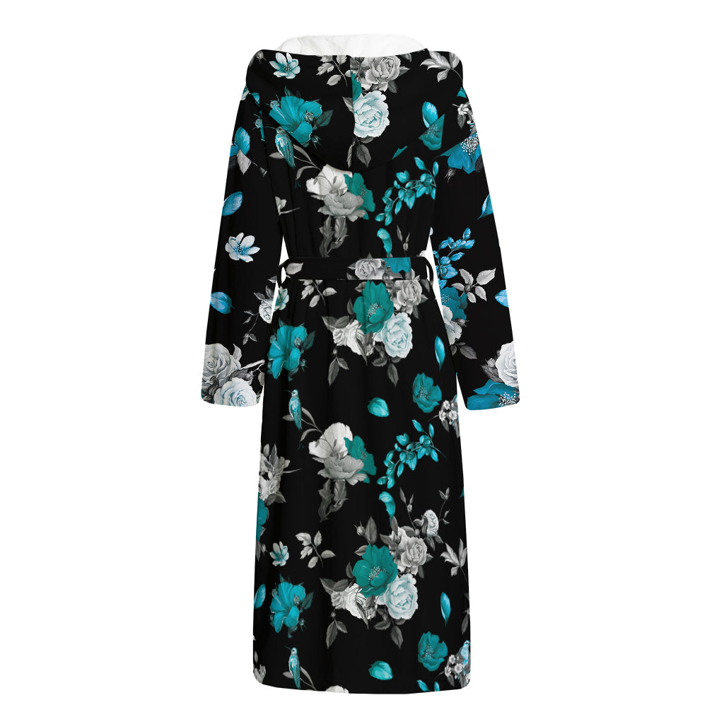 Blue Peony And Grey Rose Floral Print Hooded Bathrobe