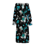 Blue Peony And Grey Rose Floral Print Hooded Bathrobe