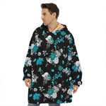Blue Peony And Grey Rose Floral Print Hoodie Blanket