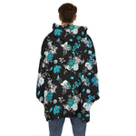 Blue Peony And Grey Rose Floral Print Hoodie Blanket