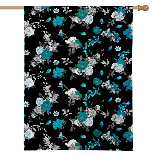 Blue Peony And Grey Rose Floral Print House Flag