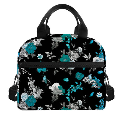 Blue Peony And Grey Rose Floral Print Insulated Lunch Bag