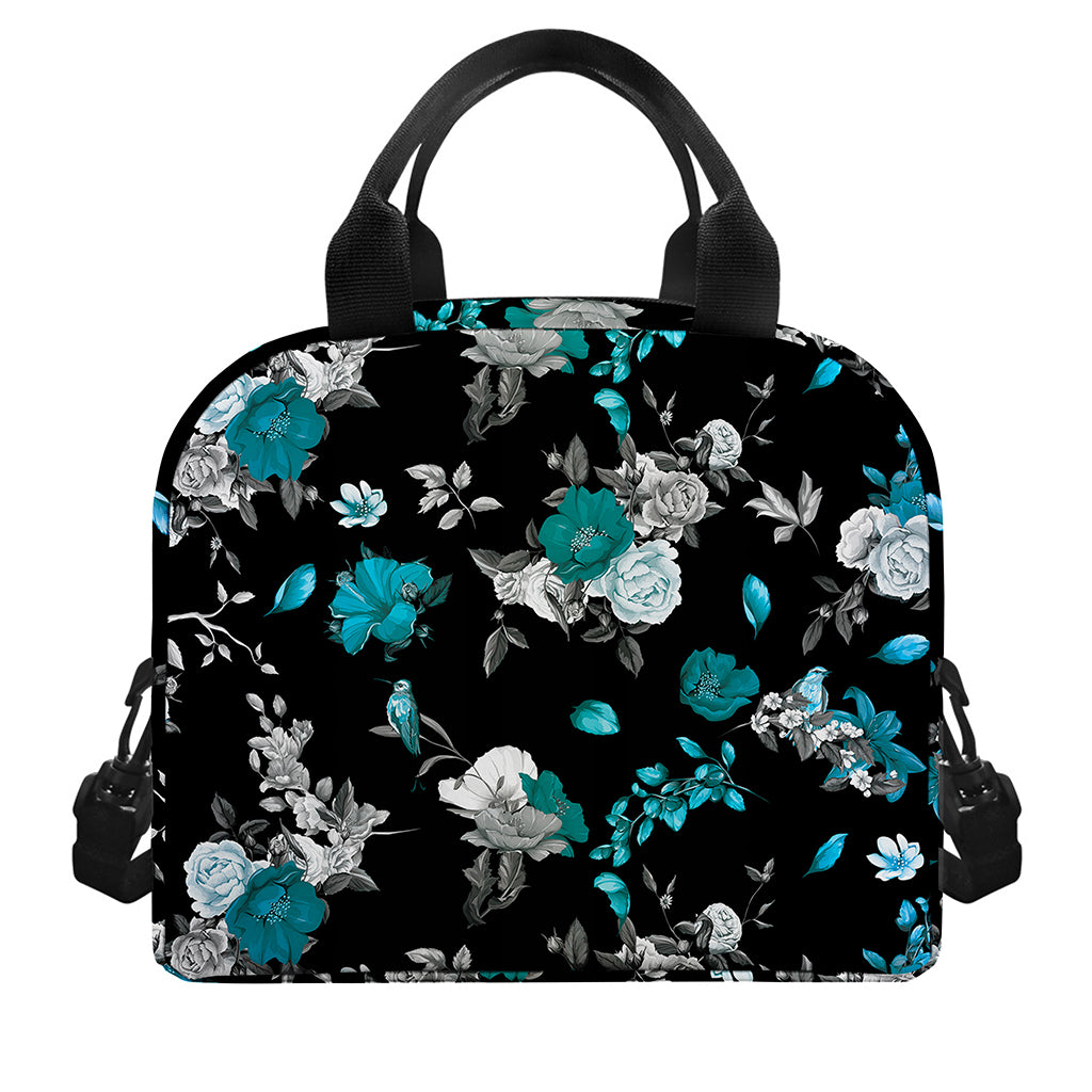 Blue Peony And Grey Rose Floral Print Insulated Lunch Bag