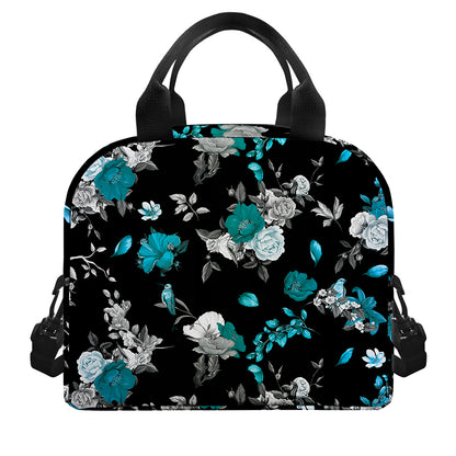 Blue Peony And Grey Rose Floral Print Insulated Lunch Bag