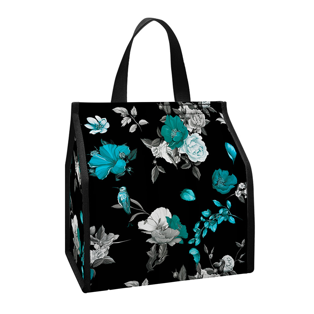 Blue Peony And Grey Rose Floral Print Insulated Lunch Tote