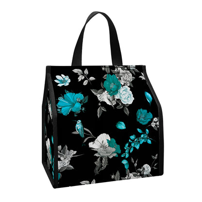 Blue Peony And Grey Rose Floral Print Insulated Lunch Tote