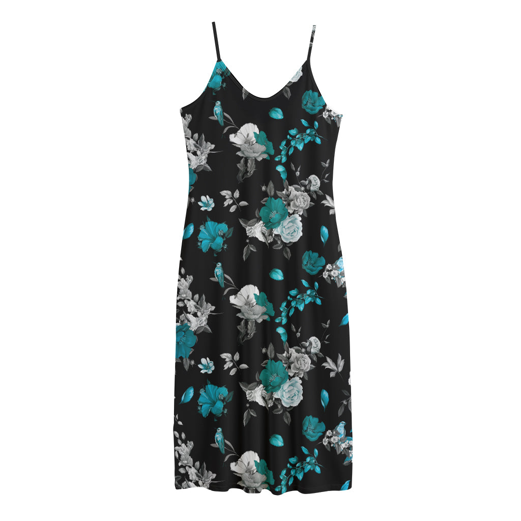 Blue Peony And Grey Rose Floral Print Jersey Midi Cami Dress