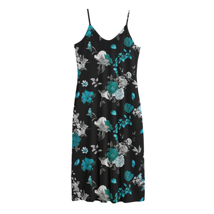 Blue Peony And Grey Rose Floral Print Jersey Midi Cami Dress