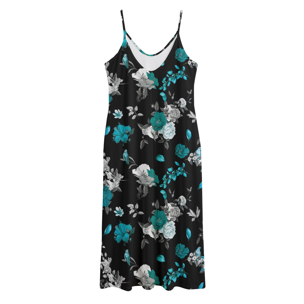 Blue Peony And Grey Rose Floral Print Jersey Midi Cami Dress