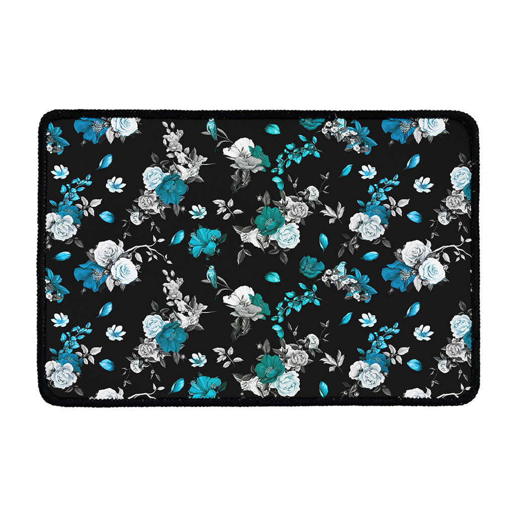 Blue Peony And Grey Rose Floral Print Kitchen Mat