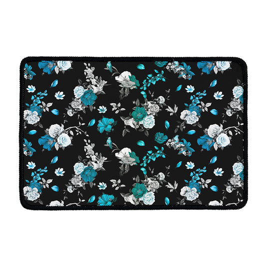 Blue Peony And Grey Rose Floral Print Kitchen Mat