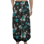 Blue Peony And Grey Rose Floral Print Lantern Pants