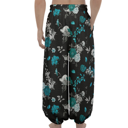Blue Peony And Grey Rose Floral Print Lantern Pants