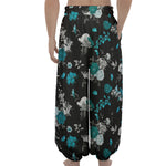 Blue Peony And Grey Rose Floral Print Lantern Pants