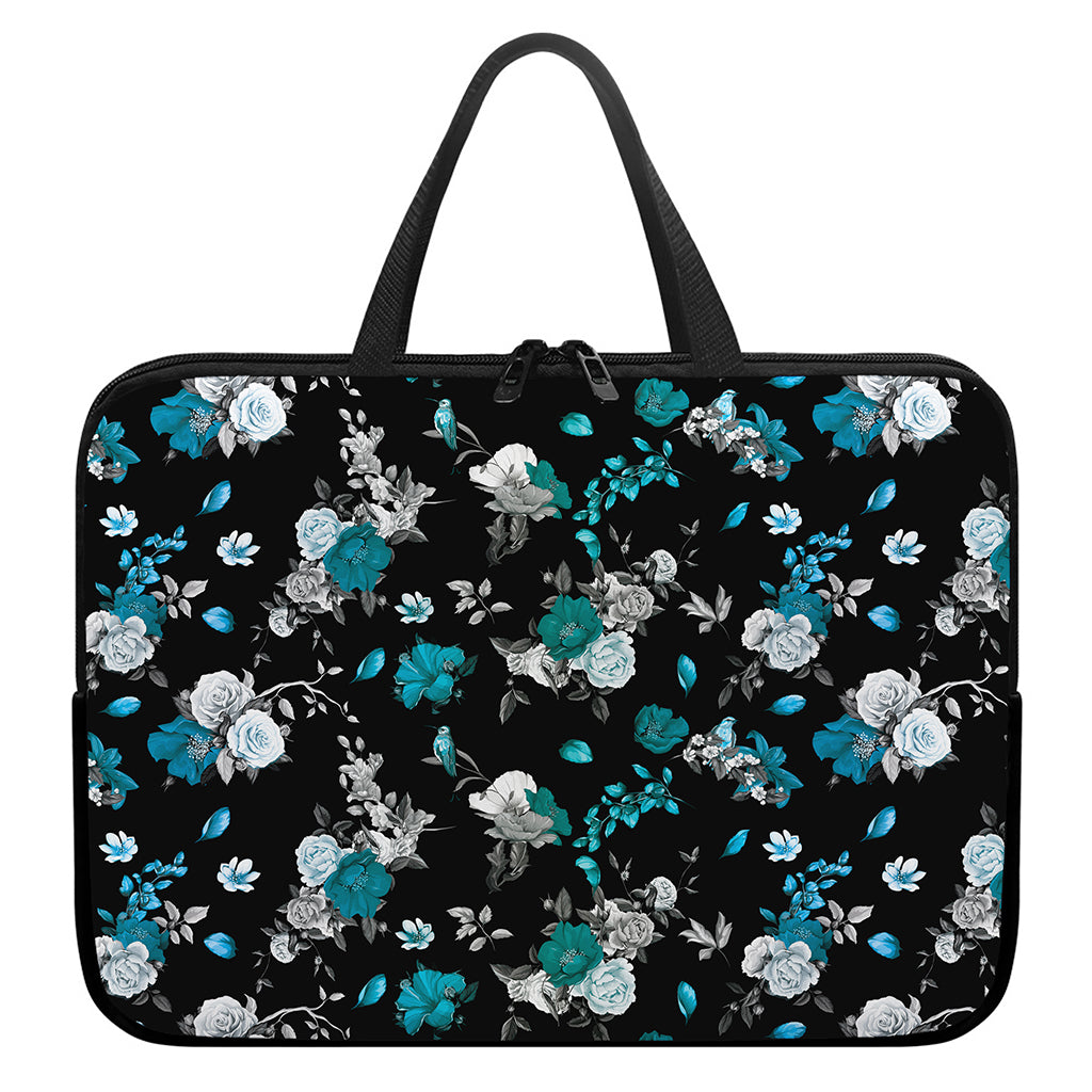 Blue Peony And Grey Rose Floral Print Laptop Sleeve With Handle