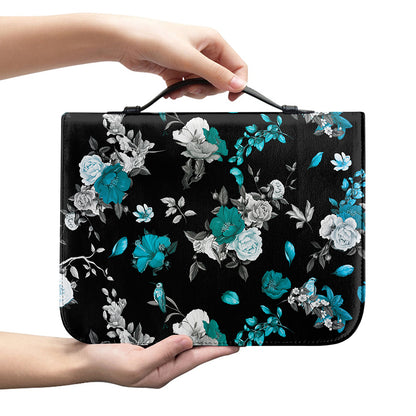 Blue Peony And Grey Rose Floral Print Leather Bible Cover