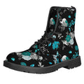 Blue Peony And Grey Rose Floral Print Lace-Up Boots