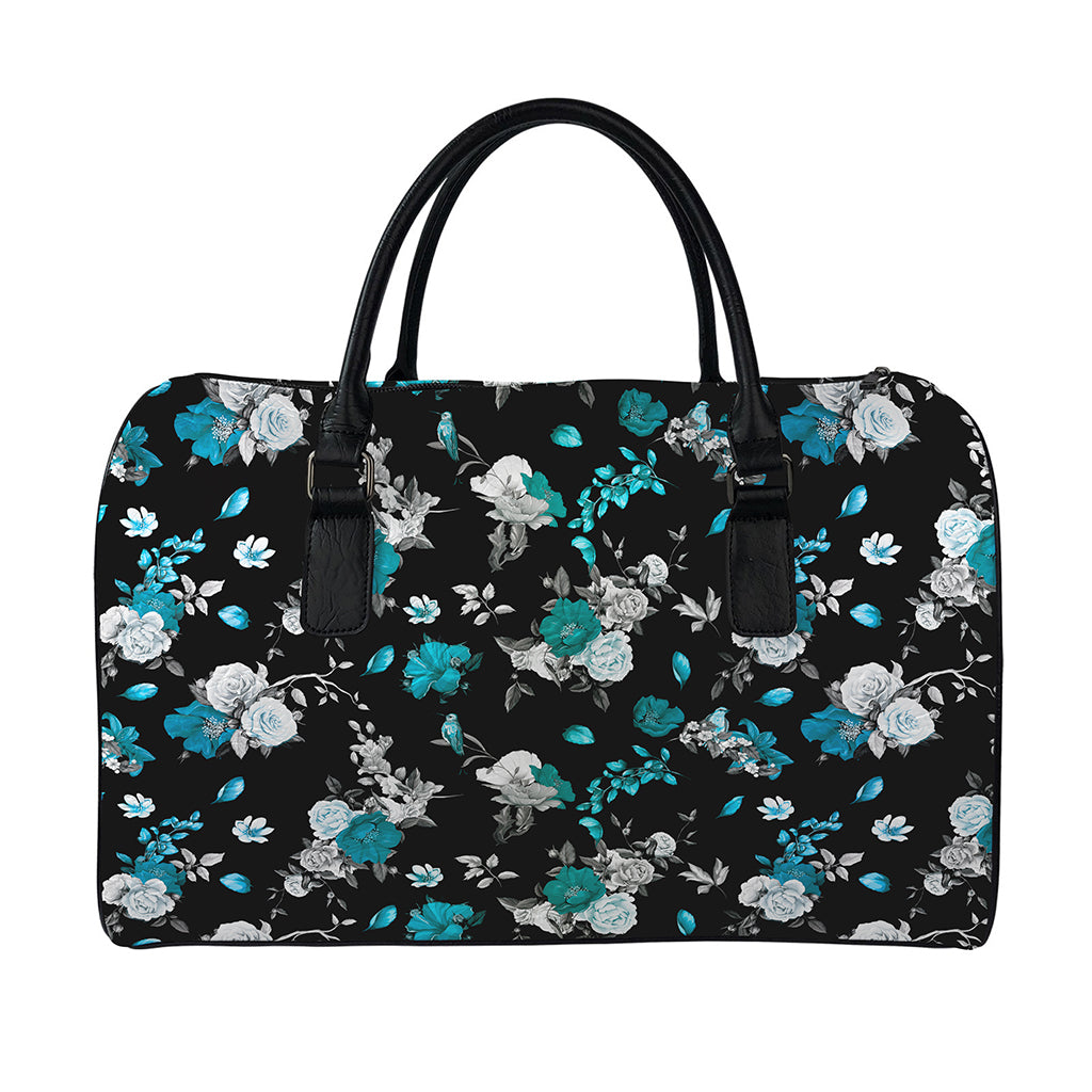 Blue Peony And Grey Rose Floral Print Leather Duffle Bag