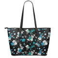 Blue Peony And Grey Rose Floral Print Leather Tote Bag With Zipper