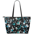 Blue Peony And Grey Rose Floral Print Leather Tote Bag