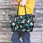 Blue Peony And Grey Rose Floral Print Leather Tote Bag