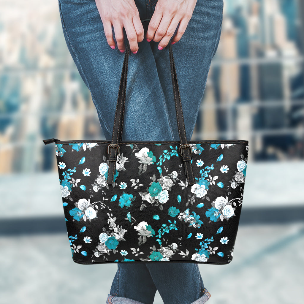 Blue Peony And Grey Rose Floral Print Leather Tote Bag