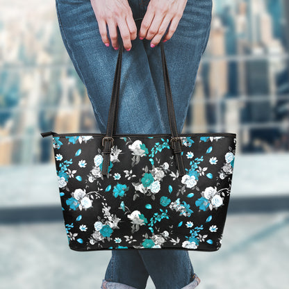 Blue Peony And Grey Rose Floral Print Leather Tote Bag