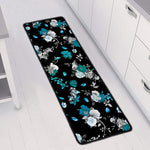 Blue Peony And Grey Rose Floral Print Long Kitchen Mat