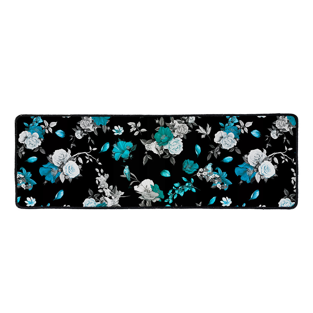 Blue Peony And Grey Rose Floral Print Long Kitchen Mat
