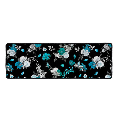 Blue Peony And Grey Rose Floral Print Long Kitchen Mat