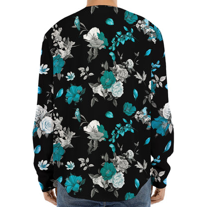 Blue Peony And Grey Rose Floral Print Long Sleeve Baseball Jersey