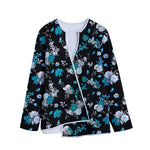 Blue Peony And Grey Rose Floral Print Long Sleeve Short Coat