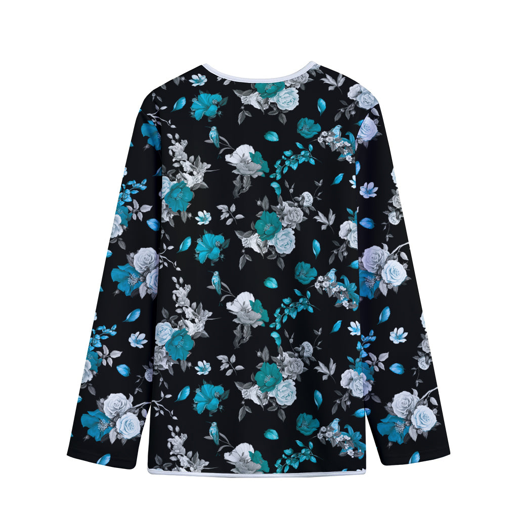 Blue Peony And Grey Rose Floral Print Long Sleeve Short Coat