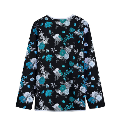 Blue Peony And Grey Rose Floral Print Long Sleeve Short Coat