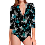 Blue Peony And Grey Rose Floral Print Long Sleeve Swimsuit