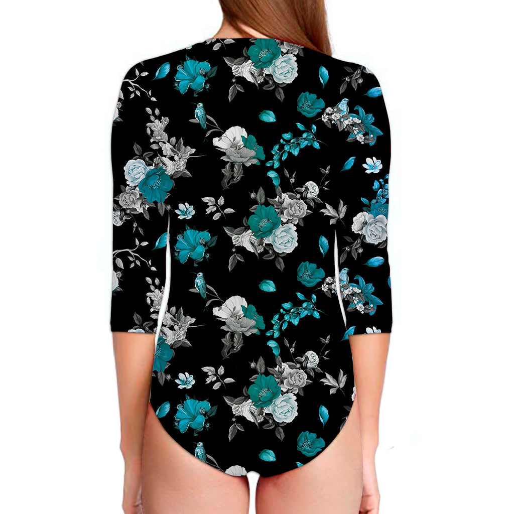 Blue Peony And Grey Rose Floral Print Long Sleeve Swimsuit