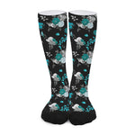 Blue Peony And Grey Rose Floral Print Long Socks
