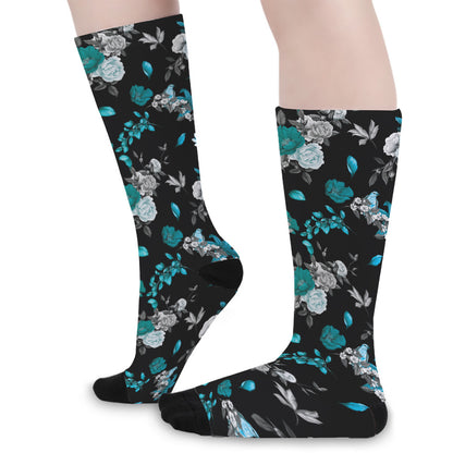 Blue Peony And Grey Rose Floral Print Long Socks