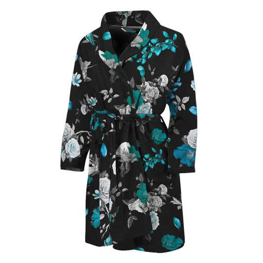 Blue Peony And Grey Rose Floral Print Men's Bathrobe