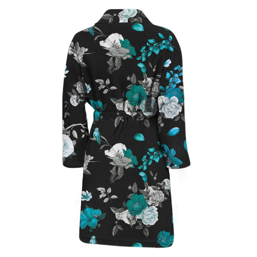 Blue Peony And Grey Rose Floral Print Men's Bathrobe