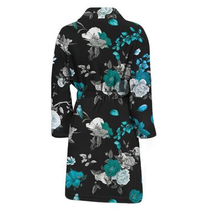 Blue Peony And Grey Rose Floral Print Men's Bathrobe