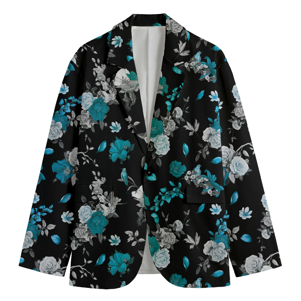 Blue Peony And Grey Rose Floral Print Men's Blazer