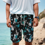Blue Peony And Grey Rose Floral Print Men's Cargo Shorts