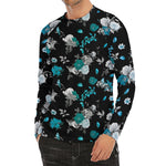 Blue Peony And Grey Rose Floral Print Men's Long Sleeve Rash Guard