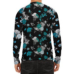 Blue Peony And Grey Rose Floral Print Men's Long Sleeve Rash Guard